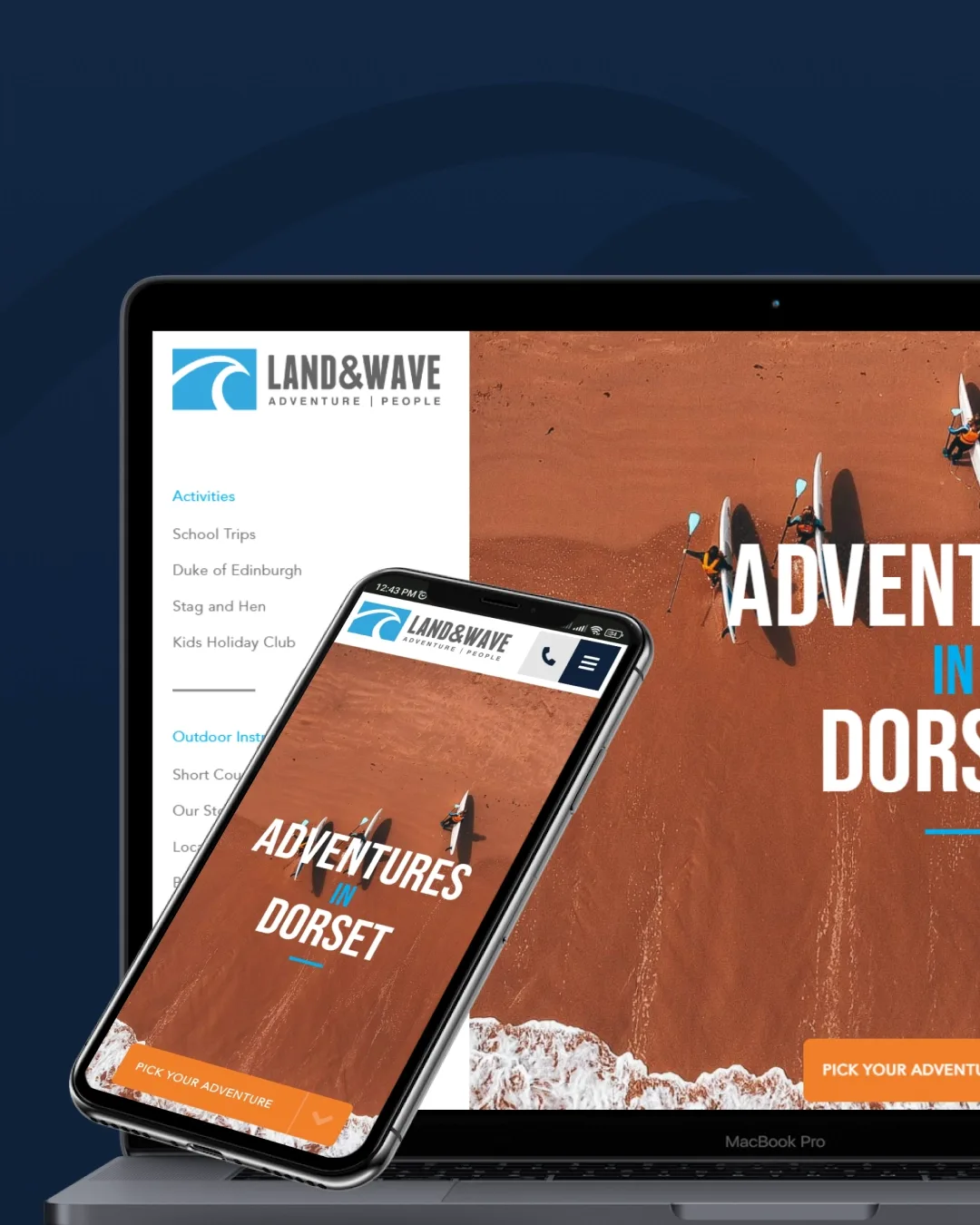 Land & Wave website on a laptop and a phone