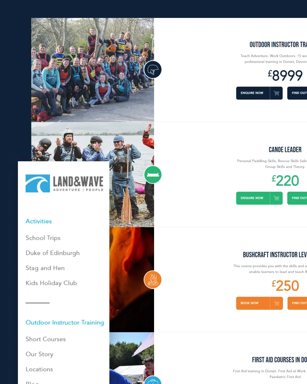 Land & Wave website: course listings with prices