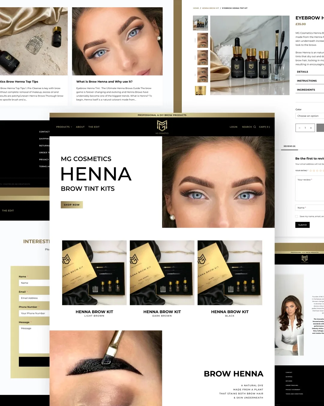 MG Cosmetics website: henna brow kit and product pages