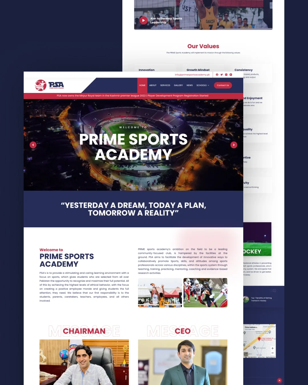 Prime Sports Academy website