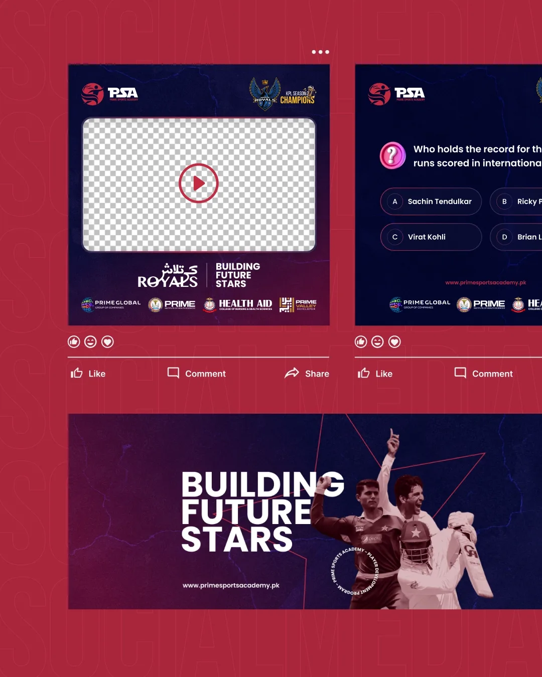 Prime Sports Academy social posts and video frames