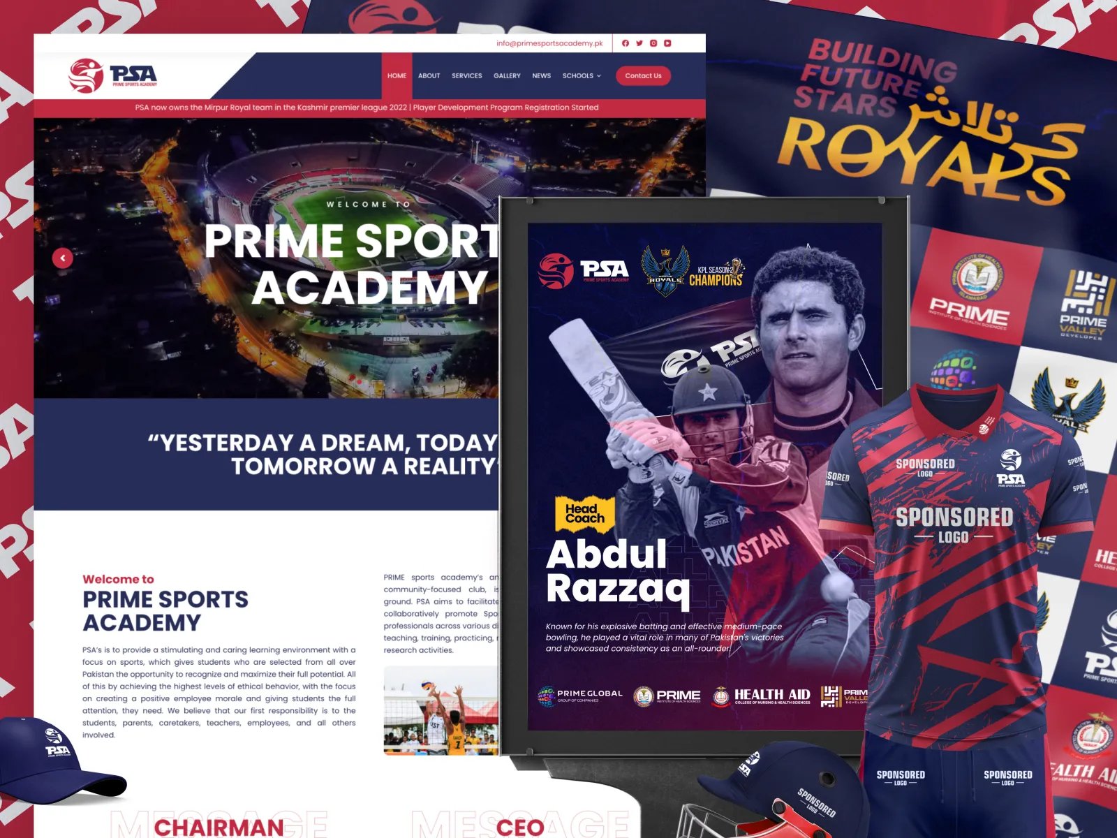 Prime Sports Academy. A mark drawn to stay legible on kit, signage and a phone screen.